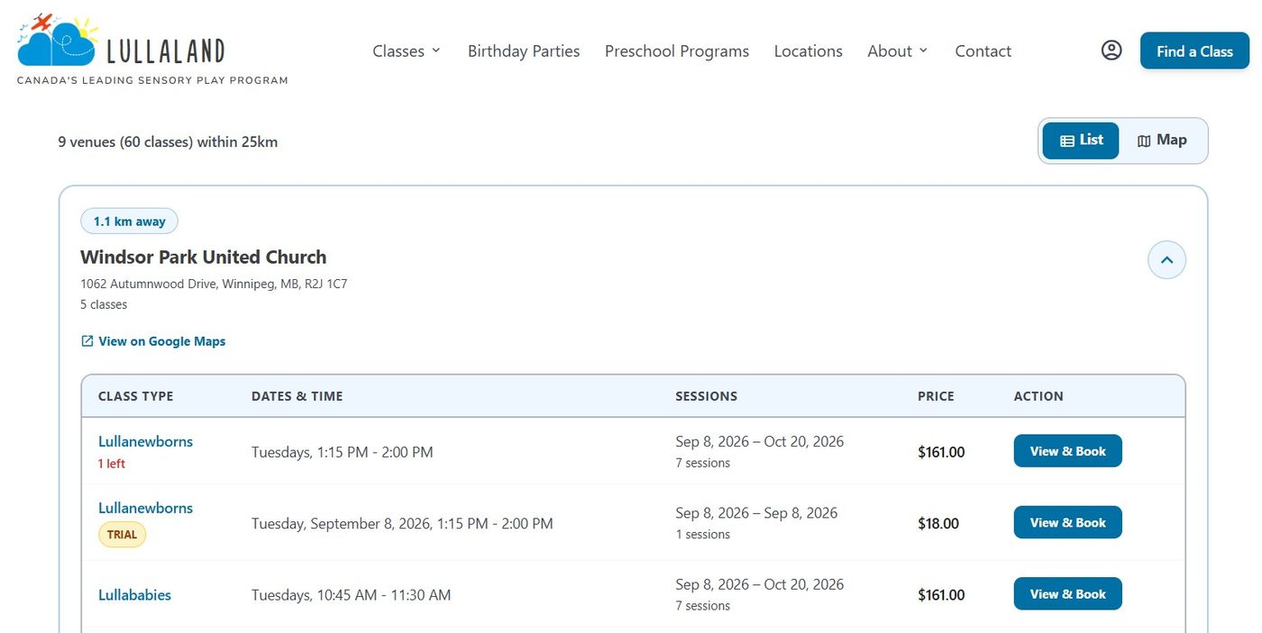 Lullaland's class schedule and booking page, powered by Amilia